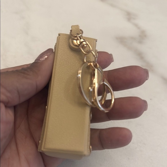 Vegan leather lip balm/lipstick case keychain with gold tone teddy bear charm - Picture 6 of 6